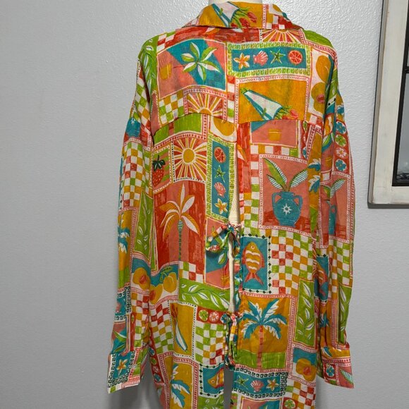 Violet Sky Tropical Patchwork Blouse Women’s 2X Colorful Palm Tree Print Shirt - Picture 4 of 11